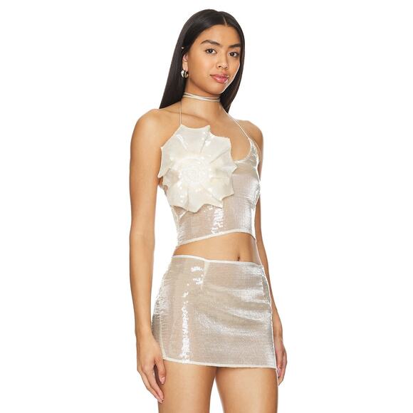 NWT Revolve Miscreants Harper Ivory Sequin Shell Embellished Sheer Cami Size 10 - Picture 3 of 5